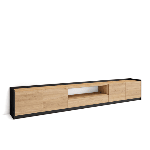 Móvel de TV, Muito espaço de arrumação, 310x37x50 cm, Para televisores até 80, Estante para TV, Estilo moderno, Carvalho e preto