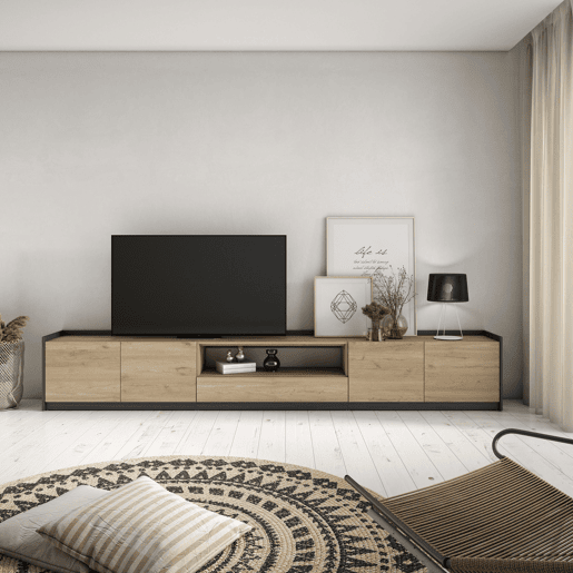 Móvel de TV, Muito espaço de arrumação, 310x37x50 cm, Para televisores até 80, Estante para TV, Estilo moderno, Carvalho e preto