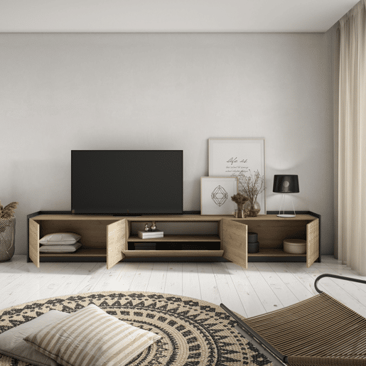 Móvel de TV, Muito espaço de arrumação, 310x37x50 cm, Para televisores até 80, Estante para TV, Estilo moderno, Carvalho e preto