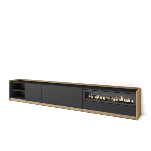 Móvel de TV, Muito espaço de arrumação, 310x37x50 cm, Para televisores até 80, Lareira eléctrica, Estilo moderno, Preto e Carvalho Móvel de TV, Muito espaço de arrumação, 310x37x50 cm, Para televisores até 80, Lareira eléctrica, Estilo moderno, Preto e Carvalho