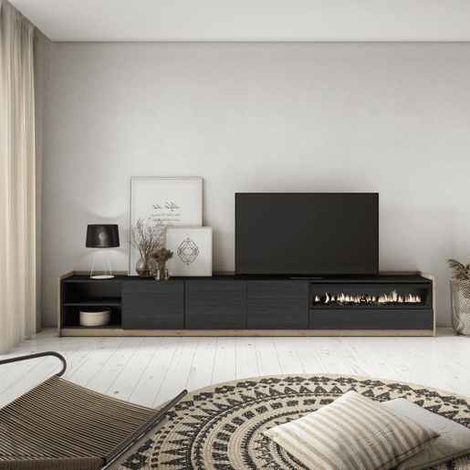 Móvel de TV, Muito espaço de arrumação, 310x37x50 cm, Para televisores até 80, Lareira eléctrica, Estilo moderno, Preto e Carvalho Móvel de TV, Muito espaço de arrumação, 310x37x50 cm, Para televisores até 80, Lareira eléctrica, Estilo moderno, Preto e Carvalho