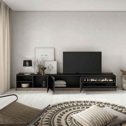 Móvel de TV, Muito espaço de arrumação, 310x37x50 cm, Para televisores até 80, Lareira eléctrica, Estilo moderno, Preto e Carvalho Móvel de TV, Muito espaço de arrumação, 310x37x50 cm, Para televisores até 80, Lareira eléctrica, Estilo moderno, Preto e Carvalho