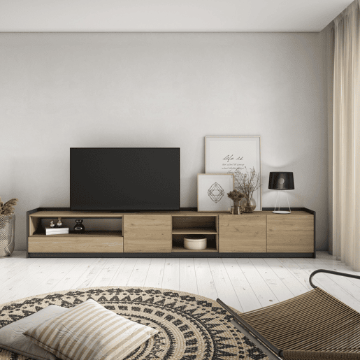 Móvel de TV, Muito espaço de arrumação, 310x37x50 cm, Para televisores até 80, Estante para TV, Estilo moderno, Carvalho e preto