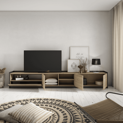 Móvel de TV, Muito espaço de arrumação, 310x37x50 cm, Para televisores até 80, Estante para TV, Estilo moderno, Carvalho e preto