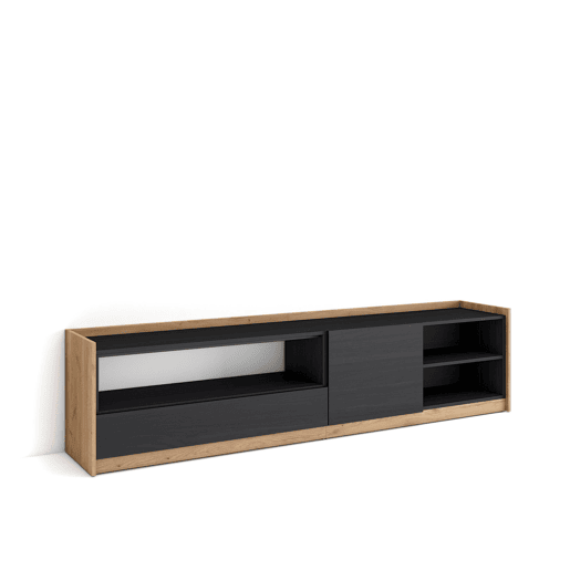 Móvel de TV, Muito espaço de arrumação, 207x37x50 cm, Para televisores até 80, Estante para TV, Estilo moderno, Preto e Carvalho Móvel de TV, Muito espaço de arrumação, 207x37x50 cm, Para televisores até 80, Estante para TV, Estilo moderno, Preto e Carvalho