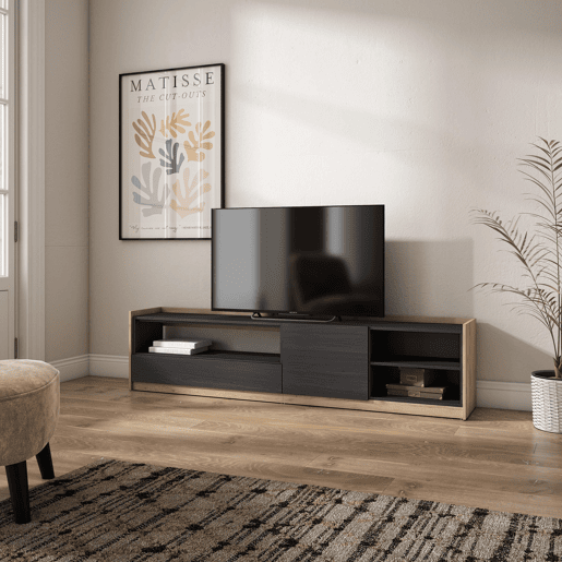 Móvel de TV, Muito espaço de arrumação, 207x37x50 cm, Para televisores até 80, Estante para TV, Estilo moderno, Preto e Carvalho Móvel de TV, Muito espaço de arrumação, 207x37x50 cm, Para televisores até 80, Estante para TV, Estilo moderno, Preto e Carvalho