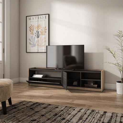 Móvel de TV, Muito espaço de arrumação, 207x37x50 cm, Para televisores até 80, Estante para TV, Estilo moderno, Preto e Carvalho Móvel de TV, Muito espaço de arrumação, 207x37x50 cm, Para televisores até 80, Estante para TV, Estilo moderno, Preto e Carvalho