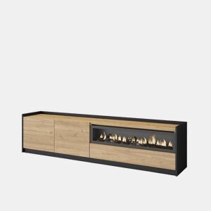 Móvel de TV, Muito espaço de arrumação, 207x37x50 cm, Para televisores até 80, Lareira eléctrica, Estilo moderno, Carvalho e preto