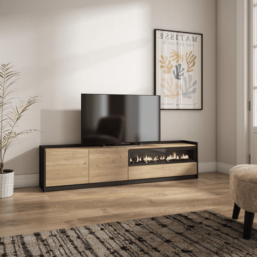 Móvel de TV, Muito espaço de arrumação, 207x37x50 cm, Para televisores até 80, Lareira eléctrica, Estilo moderno, Carvalho e preto