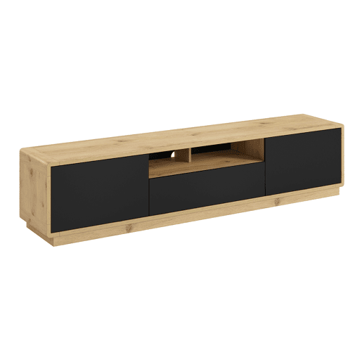 Raven Preto e Madeira Suporte para TV com 2 portas e 1 gaveta, 200 cm