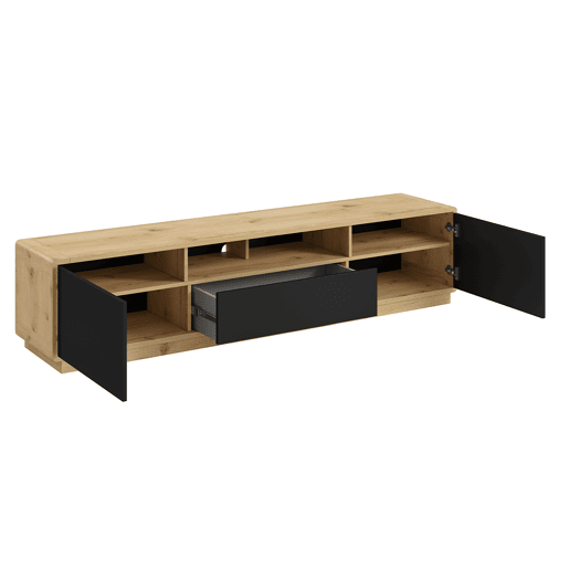 Raven Preto e Madeira Suporte para TV com 2 portas e 1 gaveta, 200 cm