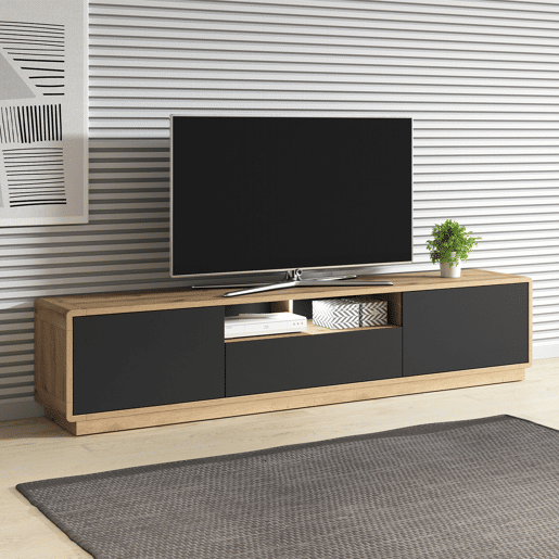 Raven Preto e Madeira Suporte para TV com 2 portas e 1 gaveta, 200 cm