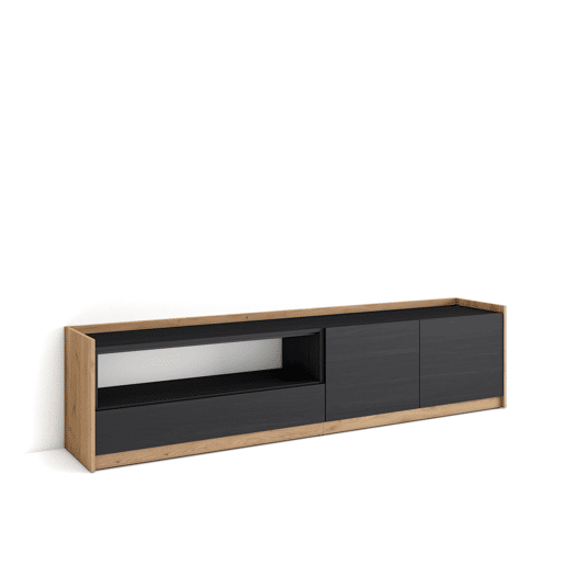Móvel de TV, Muito espaço de arrumação, 207x37x50 cm, Para televisores até 80, Estante para TV, Estilo moderno, Preto e Carvalho Móvel de TV, Muito espaço de arrumação, 207x37x50 cm, Para televisores até 80, Estante para TV, Estilo moderno, Preto e Carvalho