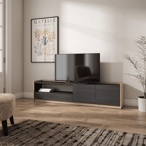 Móvel de TV, Muito espaço de arrumação, 207x37x50 cm, Para televisores até 80, Estante para TV, Estilo moderno, Preto e Carvalho Móvel de TV, Muito espaço de arrumação, 207x37x50 cm, Para televisores até 80, Estante para TV, Estilo moderno, Preto e Carvalho