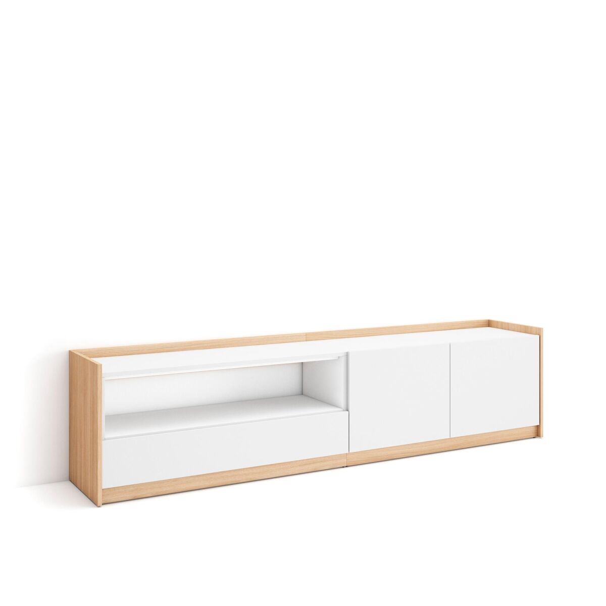 Mueble tv, televisión, muebles de salón, almacenaje, 207x37x50 cm, para tv hasta 80", con almacenamiento, estilo moderno, blanco y roble soft