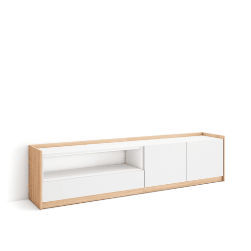Móvel de TV, Muito espaço de arrumação, 207x37x50 cm, Para televisores até 80, Estante para TV, Estilo moderno, Branco e Carvalho soft Móvel de TV, Muito espaço de arrumação, 207x37x50 cm, Para televisores até 80, Estante para TV, Estilo moderno, Branco e Carvalho soft