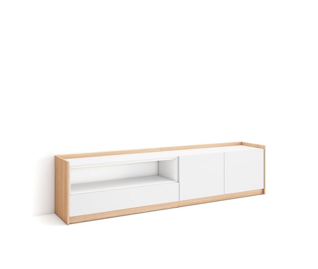 Mueble tv, televisión, muebles de salón, almacenaje, 207x37x50 cm, para tv hasta 80", con almacenamiento, estilo moderno, blanco y roble soft