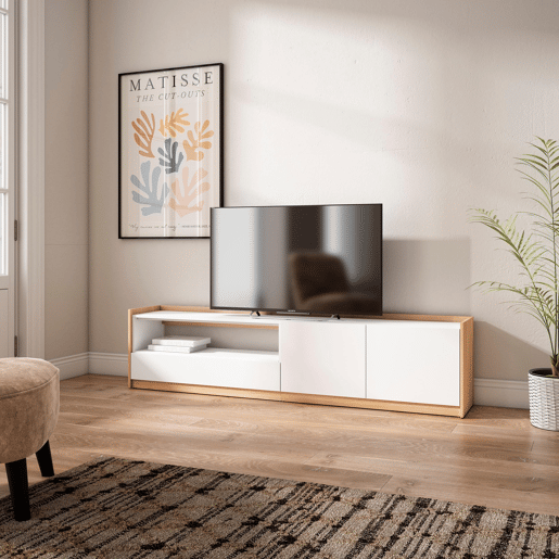 Móvel de TV, Muito espaço de arrumação, 207x37x50 cm, Para televisores até 80, Estante para TV, Estilo moderno, Branco e Carvalho soft Móvel de TV, Muito espaço de arrumação, 207x37x50 cm, Para televisores até 80, Estante para TV, Estilo moderno, Branco e Carvalho soft