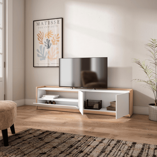 Móvel de TV, Muito espaço de arrumação, 207x37x50 cm, Para televisores até 80, Estante para TV, Estilo moderno, Branco e Carvalho soft Móvel de TV, Muito espaço de arrumação, 207x37x50 cm, Para televisores até 80, Estante para TV, Estilo moderno, Branco e Carvalho soft