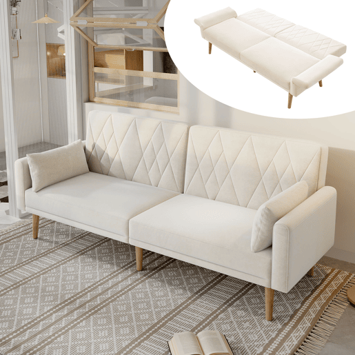 Sofá-cama dobrável 2 lugares conversível de veludo,bege Sofá-cama dobrável 2 lugares conversível de veludo,bege