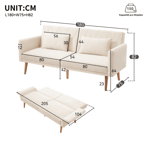 Sofá-cama dobrável 2 lugares conversível de veludo,bege Sofá-cama dobrável 2 lugares conversível de veludo,bege