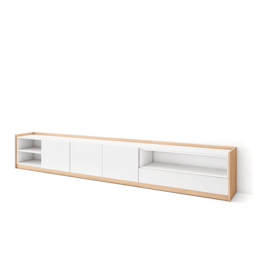 Móvel de TV, Muito espaço de arrumação, 310x37x50 cm, Para televisores até 80, Estante para TV, Estilo moderno, Branco e Carvalho soft