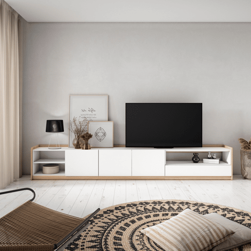 Móvel de TV, Muito espaço de arrumação, 310x37x50 cm, Para televisores até 80, Estante para TV, Estilo moderno, Branco e Carvalho soft