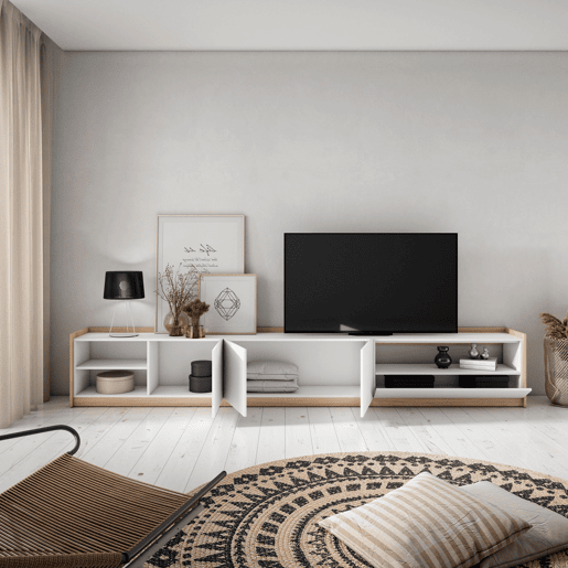 Móvel de TV, Muito espaço de arrumação, 310x37x50 cm, Para televisores até 80, Estante para TV, Estilo moderno, Branco e Carvalho soft
