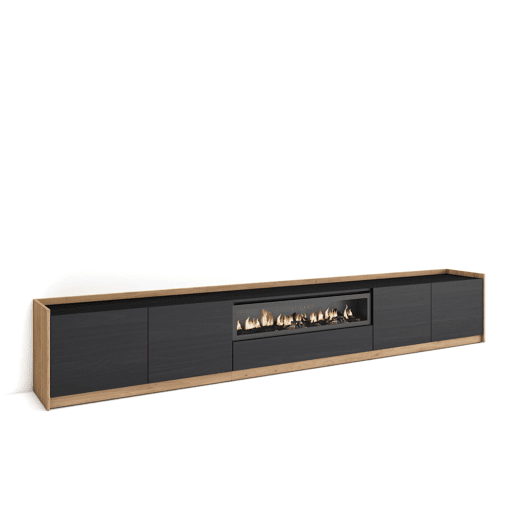 Móvel de TV, Muito espaço de arrumação, 310x37x50 cm, Para televisores até 80, Lareira eléctrica, Estilo moderno, Preto e Carvalho