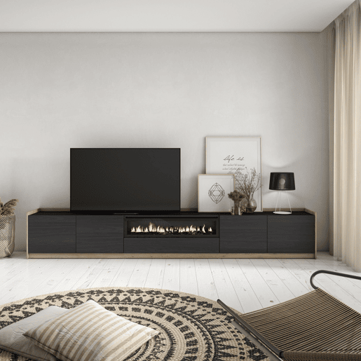 Móvel de TV, Muito espaço de arrumação, 310x37x50 cm, Para televisores até 80, Lareira eléctrica, Estilo moderno, Preto e Carvalho