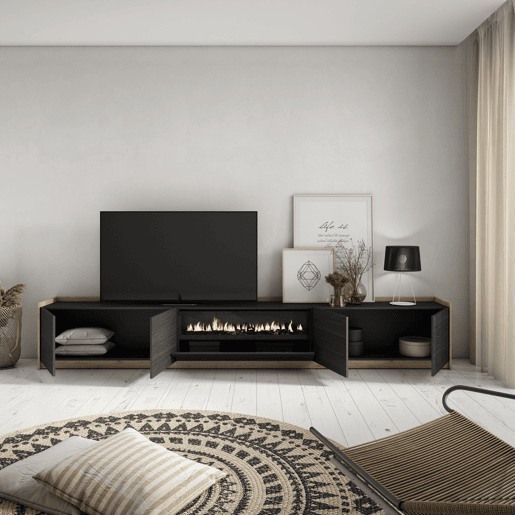Móvel de TV, Muito espaço de arrumação, 310x37x50 cm, Para televisores até 80, Lareira eléctrica, Estilo moderno, Preto e Carvalho
