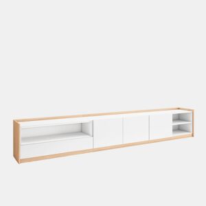 Móvel de TV, Muito espaço de arrumação, 310x37x50 cm, Para televisores até 80, Estante para TV, Estilo moderno, Branco e Carvalho soft