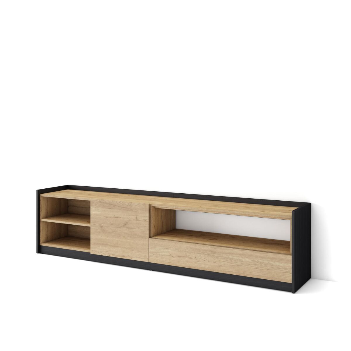 Mueble tv, televisión, muebles de salón, almacenaje, 207x37x50 cm, para tv hasta 80", con almacenamiento, estilo moderno, roble y negro