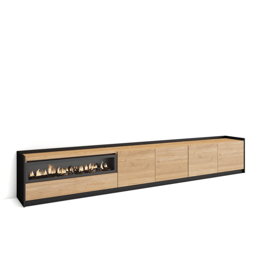 Móvel de TV, Muito espaço de arrumação, 310x37x50 cm, Para televisores até 80, Lareira eléctrica, Estilo moderno, Carvalho e preto Móvel de TV, Muito espaço de arrumação, 310x37x50 cm, Para televisores até 80, Lareira eléctrica, Estilo moderno, Carvalho e preto