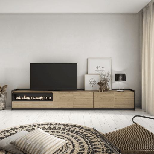 Móvel de TV, Muito espaço de arrumação, 310x37x50 cm, Para televisores até 80, Lareira eléctrica, Estilo moderno, Carvalho e preto Móvel de TV, Muito espaço de arrumação, 310x37x50 cm, Para televisores até 80, Lareira eléctrica, Estilo moderno, Carvalho e preto