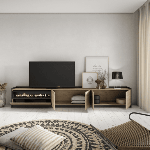 Móvel de TV, Muito espaço de arrumação, 310x37x50 cm, Para televisores até 80, Lareira eléctrica, Estilo moderno, Carvalho e preto Móvel de TV, Muito espaço de arrumação, 310x37x50 cm, Para televisores até 80, Lareira eléctrica, Estilo moderno, Carvalho e preto