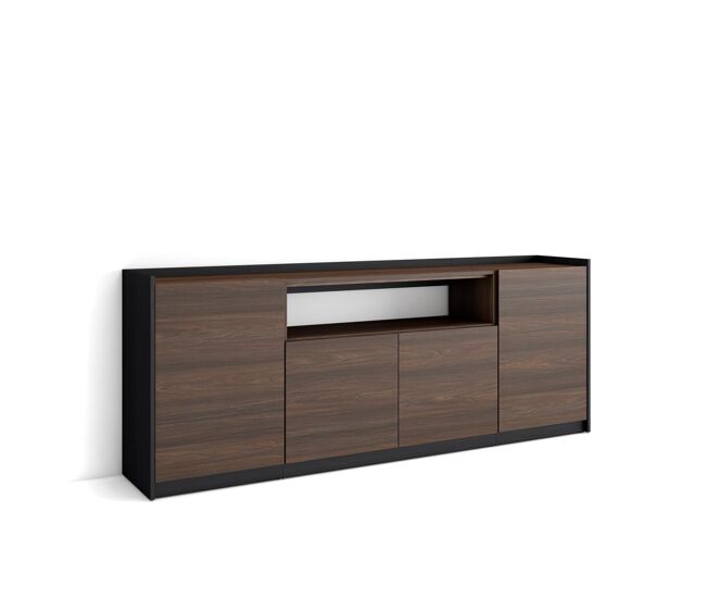 Aparador para salón, gran capacidad de almacenaje, 207x37x80 cm, 4 puertas, armario, zapatero, estilo moderno, roble oscuro y negro