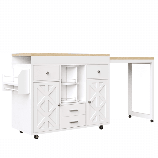 Mesa de bar extensível - carrinho de cozinha com rodas, organizador giratório a 360°, prateleiras ajustáveis e toalheiro - branco