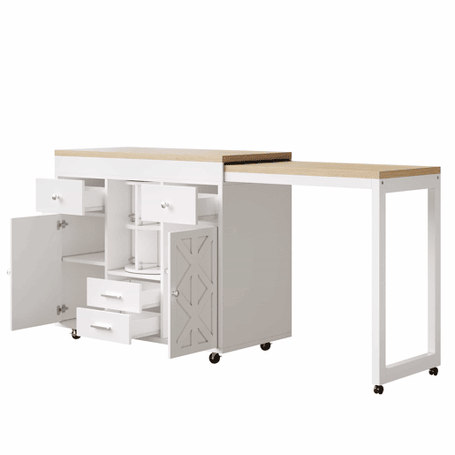 Mesa de bar extensível - carrinho de cozinha com rodas, organizador giratório a 360°, prateleiras ajustáveis e toalheiro - branco