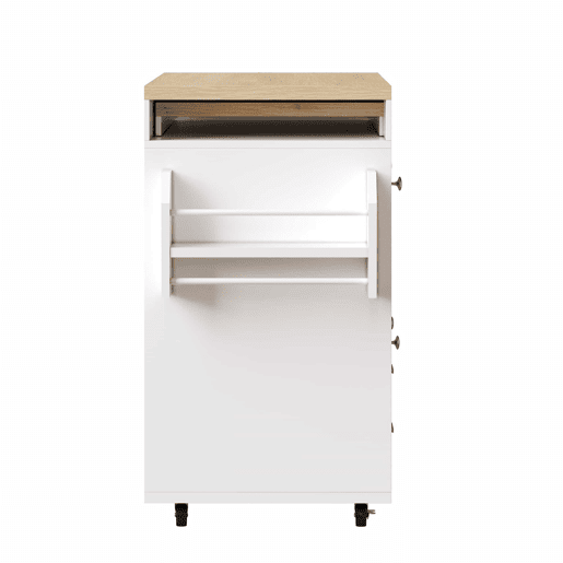 Mesa de bar extensível - carrinho de cozinha com rodas, organizador giratório a 360°, prateleiras ajustáveis e toalheiro - branco