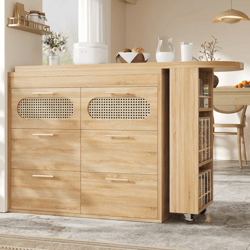 Mesa de bar multifuncional - 6 gavetas, portas em rattan PE, giratória a 360°, com fecho de segurança, amplo espaço de arrumação, puxadores em metal - Natural