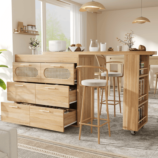 Mesa de bar multifuncional - 6 gavetas, portas em rattan PE, giratória a 360°, com fecho de segurança, amplo espaço de arrumação, puxadores em metal - Natural