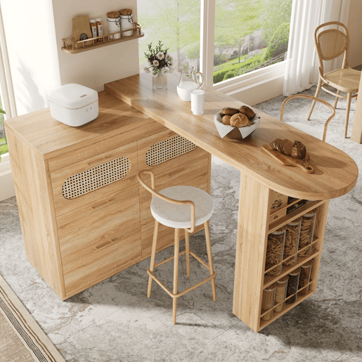 Mesa de bar multifuncional - 6 gavetas, portas em rattan PE, giratória a 360°, com fecho de segurança, amplo espaço de arrumação, puxadores em metal - Natural