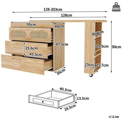 Mesa de bar multifuncional - 6 gavetas, portas em rattan PE, giratória a 360°, com fecho de segurança, amplo espaço de arrumação, puxadores em metal - Natural