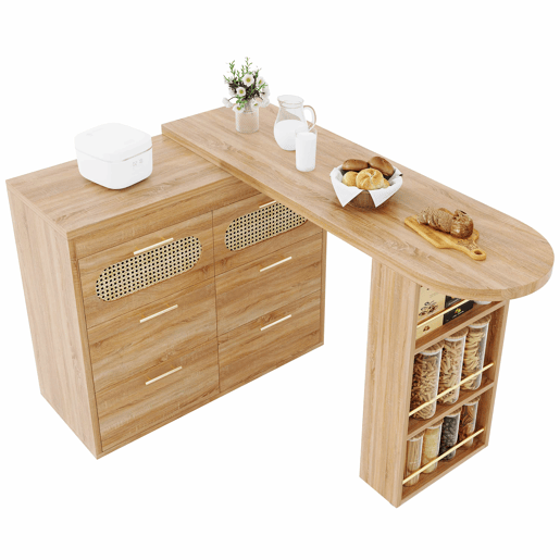 Mesa de bar multifuncional - 6 gavetas, portas em rattan PE, giratória a 360°, com fecho de segurança, amplo espaço de arrumação, puxadores em metal - Natural