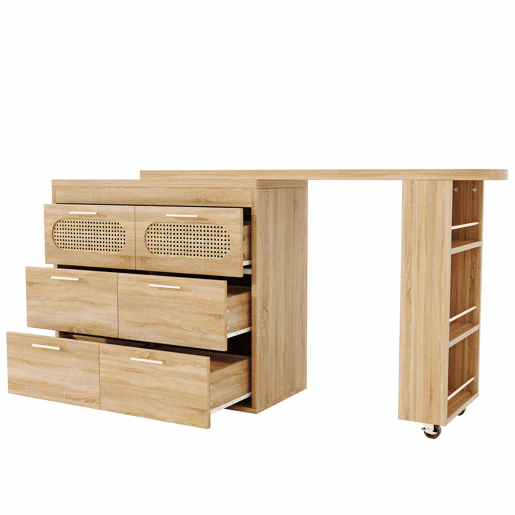 Mesa de bar multifuncional - 6 gavetas, portas em rattan PE, giratória a 360°, com fecho de segurança, amplo espaço de arrumação, puxadores em metal - Natural