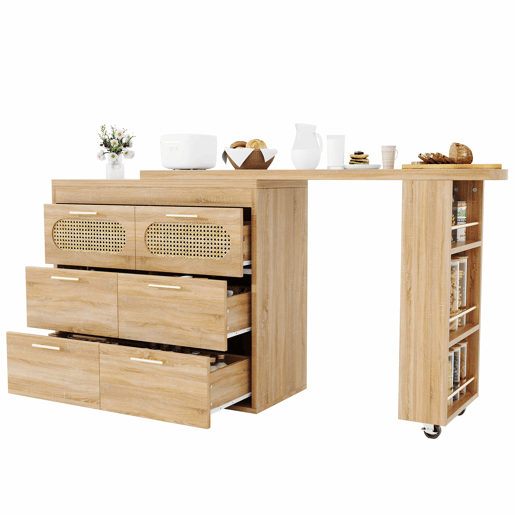 Mesa de bar multifuncional - 6 gavetas, portas em rattan PE, giratória a 360°, com fecho de segurança, amplo espaço de arrumação, puxadores em metal - Natural