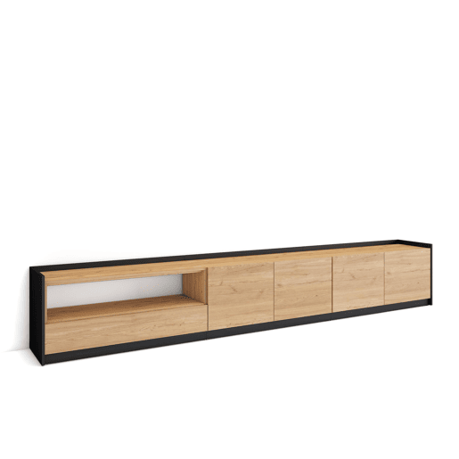 Móvel de TV, Muito espaço de arrumação, 310x37x50 cm, Para televisores até 80, Estante para TV, Estilo moderno, Carvalho e preto