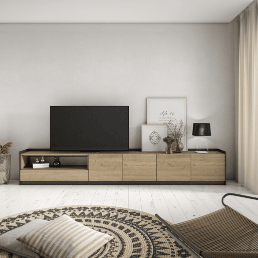 Móvel de TV, Muito espaço de arrumação, 310x37x50 cm, Para televisores até 80, Estante para TV, Estilo moderno, Carvalho e preto
