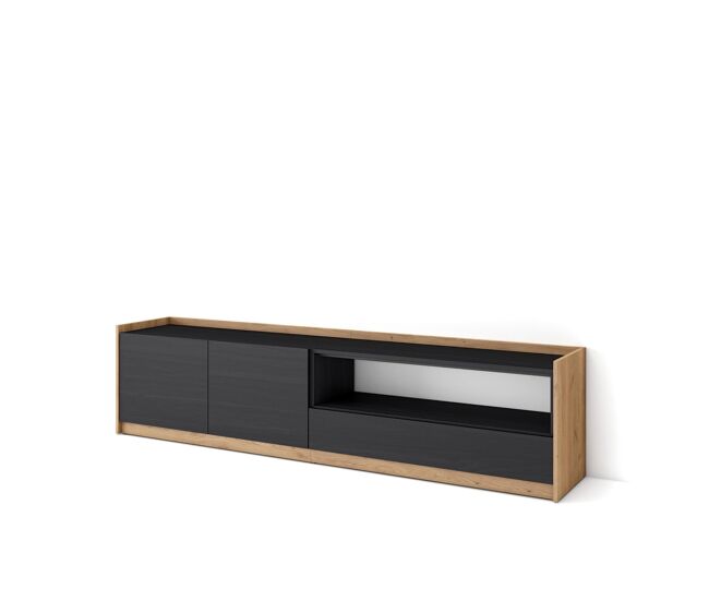 Mueble tv, televisión, muebles de salón, almacenaje, 207x37x50 cm, para tv hasta 80", con almacenamiento, estilo moderno, negro y roble